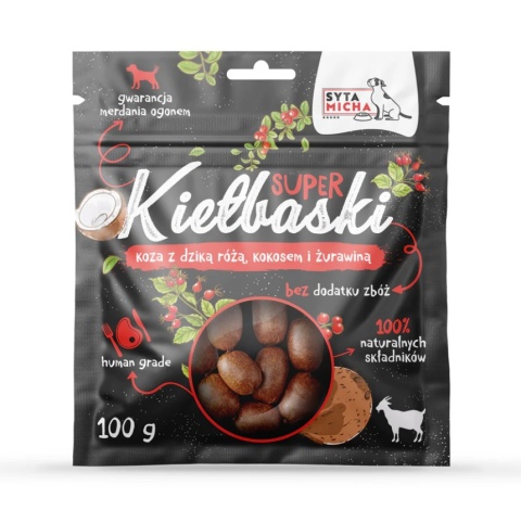 Syta Micha Super kiełbaski dla psa z kozą, dziką różą i kokosem 100g