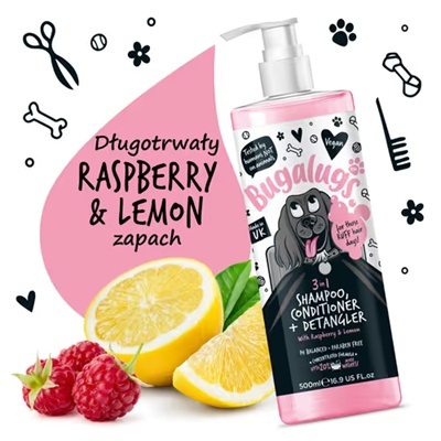 Szampon, odżywka i rozkołtuniacz dla psa o zapachu maliny z cytryną - 250ml Bugalugs 3in1 Shampoo Conditioner & Detangler